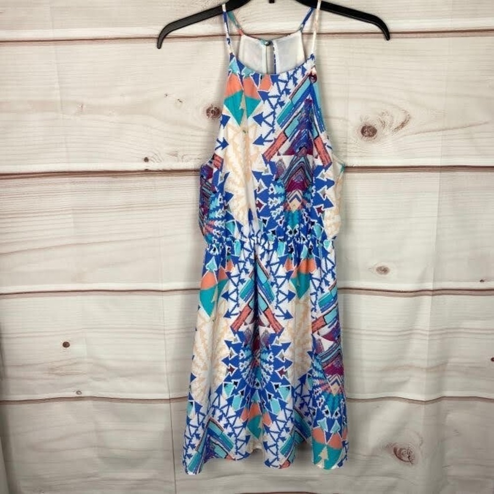 GB Dress Juniors Small Geometric Mini Sleeveless Elastic Waist Halter Neck Woven